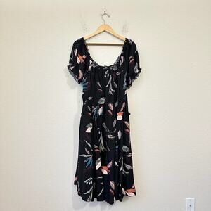 TORRID Midi Challis Dress Black Leaves Puff Sleeve Tasseled Whimsigoth